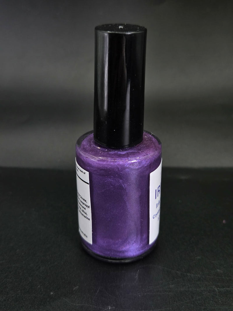 Iris Violet Pearl by Irilune, violet shimmer nail polish in a bottle with a black cap.